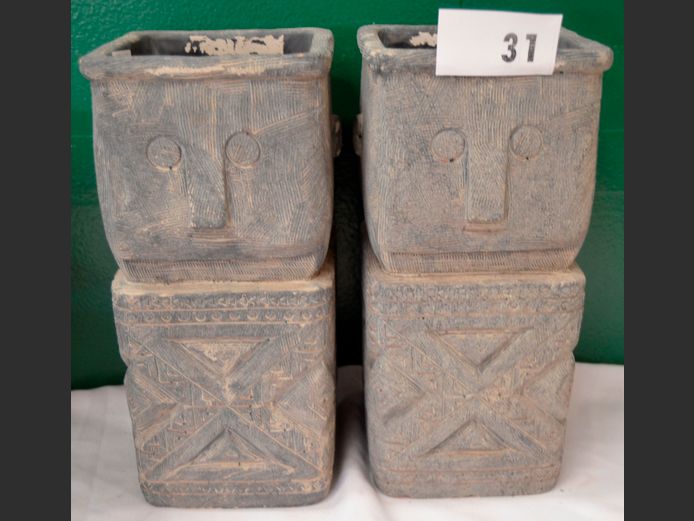 PAIR CONCRETE "ANCIENT FACE" PLANTERS, 16 x 15.5 x 32cm