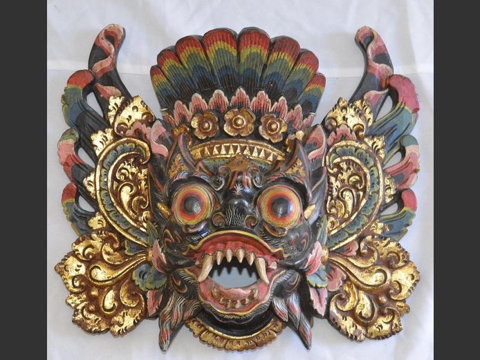 HEAVILY CARVED, HAND PAINTED & GILDED WARRIOR MASK, 40 x 35cm