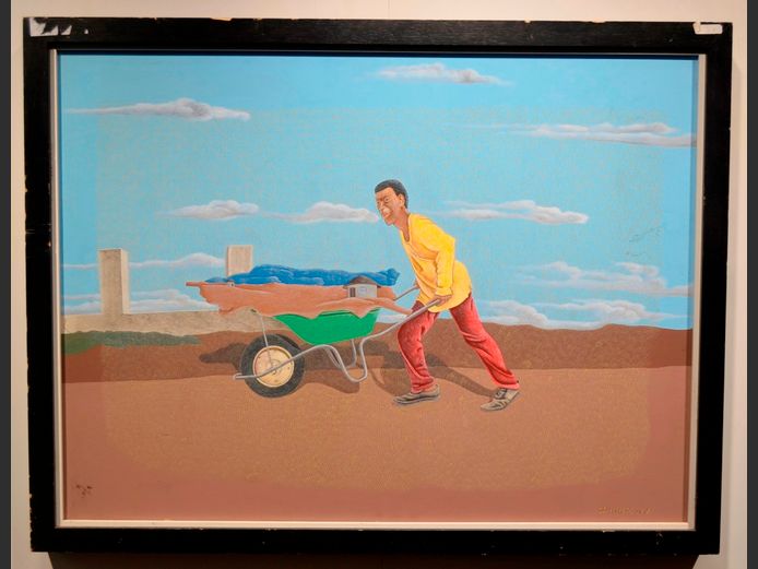 ZONDI SKOSANA OIL ON BOARD "MAN PUSHING A WHEELBARROW", 78.8 x 58.6cm