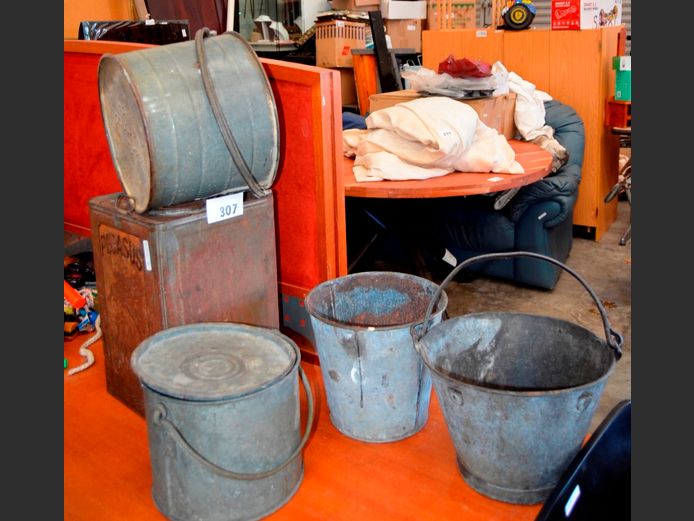 ANTIQUE GALVANISED PAILS, COAL BUCKET & PEGASUS MOTOR OIL CAN