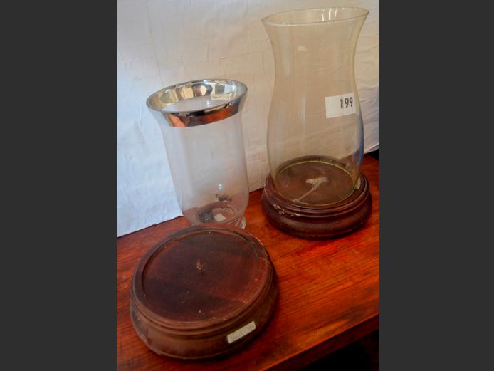 GLASS & WOOD HURRICANE CANDLE LAMP, 42cm High, & A VASE, 30cm High