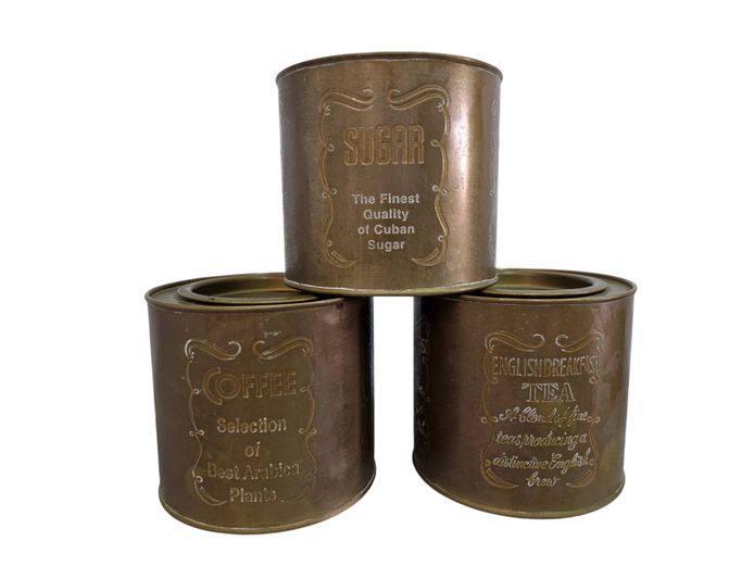 Vintage Brass Engraved Tea Coffee Sugar Tin Canisters