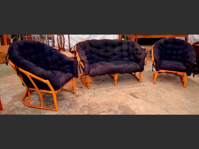 CANE 3-PIECE, 4-SEATER LOUNGE SUITE WITH BLUE CUSHIONS [Cushions need a good clean]