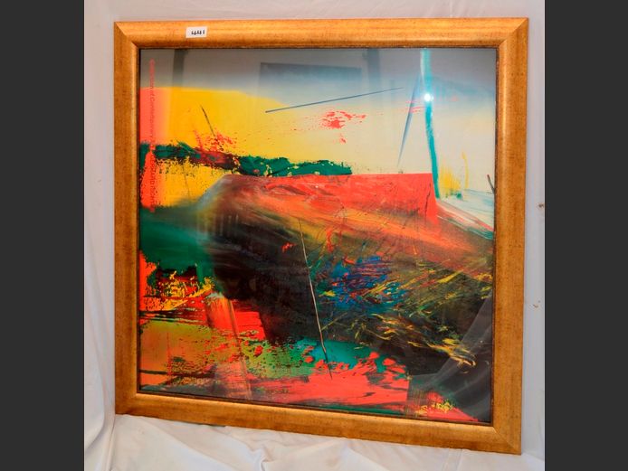 LARGE GILT FRAMED ABSTRACT OIL ON BOARD, 116 x 115cm