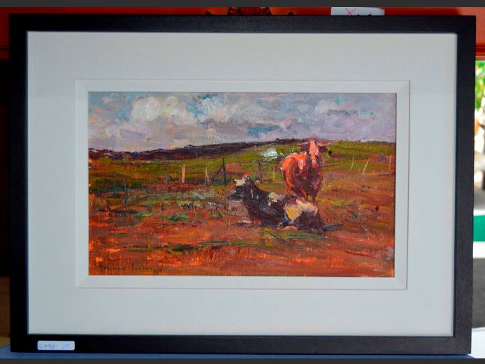 ADRIAAN BOSHOFF FRAMED OIL ON BOARD "CATTLE", 22 x 13.5cm