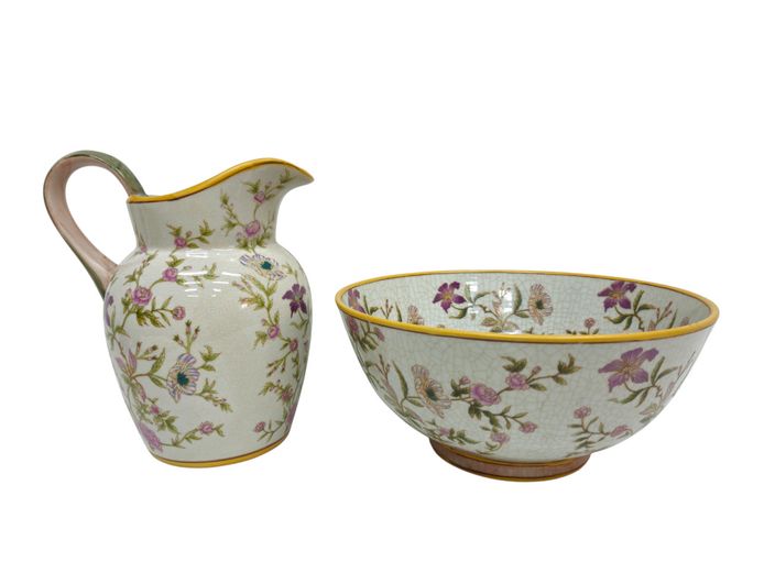 Vintage Hand-Painted Floral Ceramic Pitcher and Large Serving Bowl