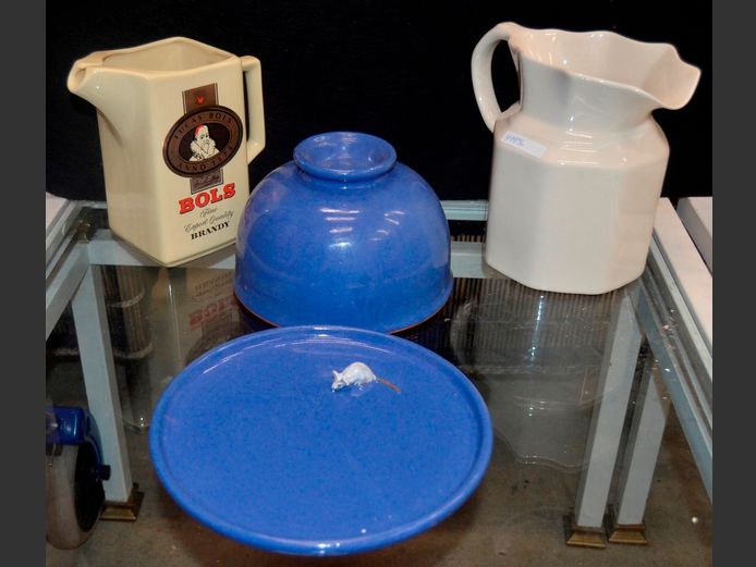 BLUE CERAMIC CHEESE PLATE WITH LID, CREAM CERAMIC PITCHER, etc