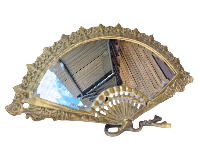 1900s Victorian Brass Fan Beveled Mirror Self-Standing
