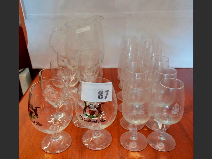GLASS JUG, WINE GLASSES, BRANDY SNIFTERS, etc