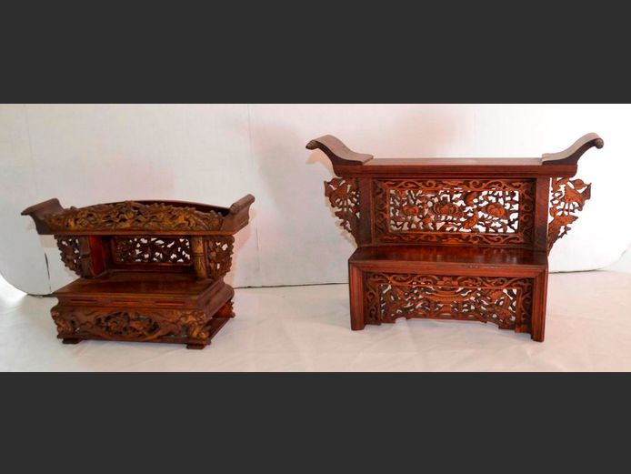 LOT OF 2: MINIATURE HAND CARVED ELM WOOD TIBETAN PRAYER TABLES [1 in need of minor repair, part is there]