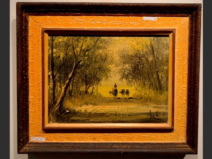 METAL CLAD FRAMED OIL ON CANVAS "MAN & DONKEYS", 39.2 x 29cm [In need of some restoration]