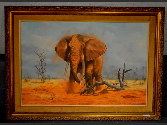 FRAMED OIL ON BOARD "ELEPHANT" SIGNED ROB MACINTOSH 1982, 90.5 x 60cm