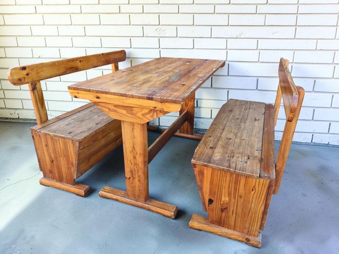 Rustic Pine Dining Table & Storage Bench Set (3-Piece)