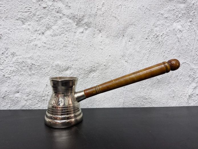 Mid-Century Engraved Turkish Coffee Pot with Turned Wooden Handle