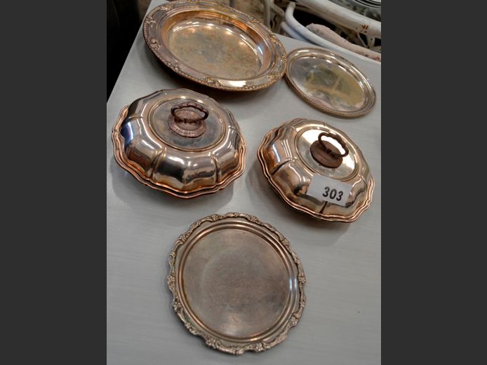 SILVER PLATE: SERVING DISHES WITH LIDS & TRAYS