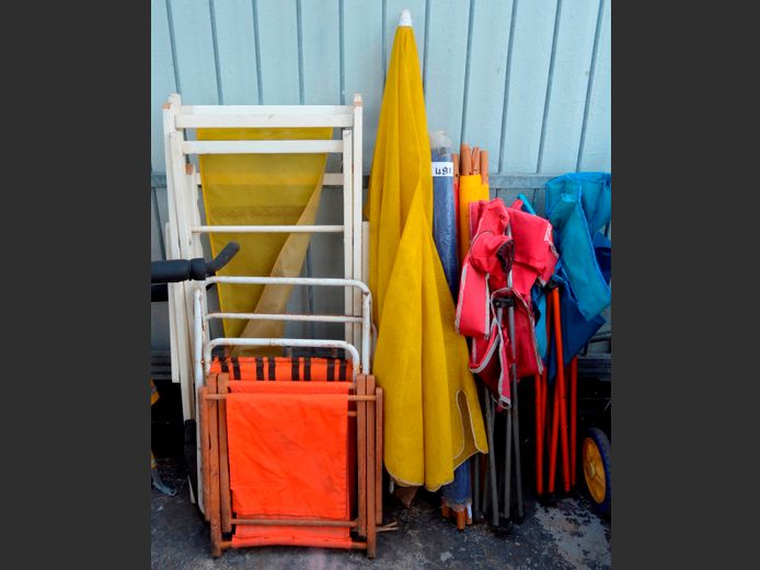 BEACH CHAIRS, YELLOW UMBRELLA, etc