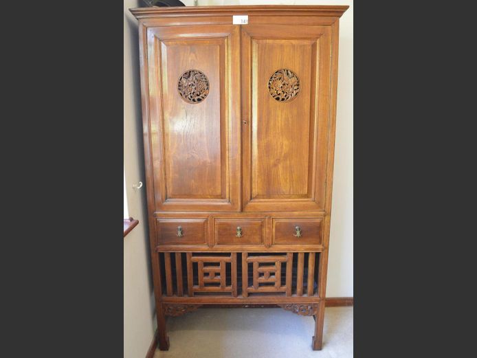 ANTIQUE CARVED ROSEWOOD 2-DOOR, 3-DRAWER MATRIMONIAL CABINET, 102 x 44 x 183cm