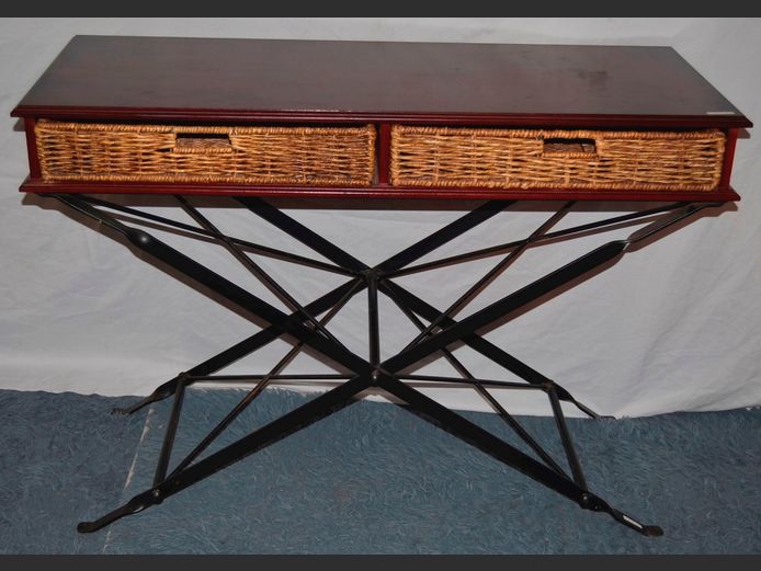 CHERRYWOOD & METAL 2-WICKER DRAWER HALL TABLE, 120 x 50 x 85cm