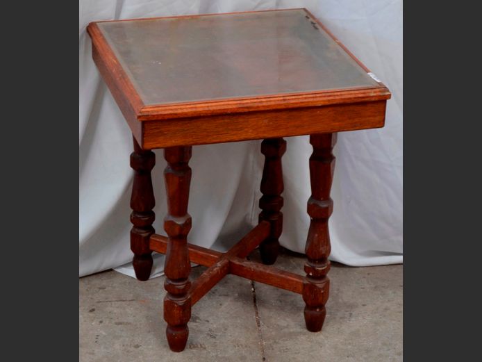 TEAK GLASS TOP DISPLAY SIDE TABLE, 45 x 45 x 54cm