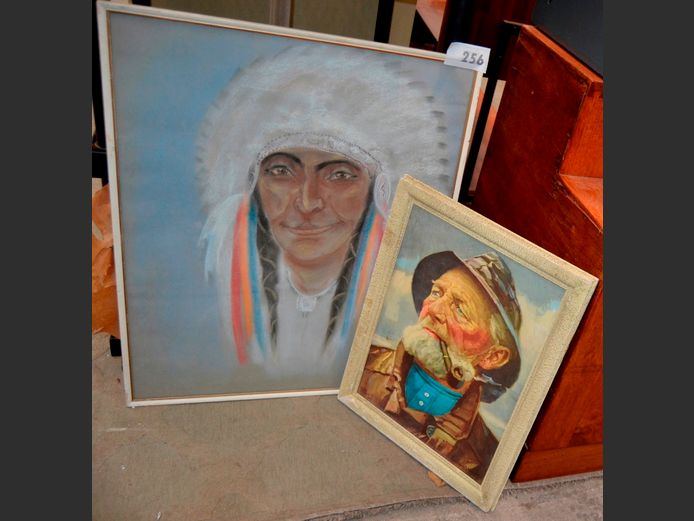 FRAMED PASTEL "NATIVE AMERICAN", 69 x 41cm, & A FRAMED PRINT "THE OLD SEAMAN", 39 x 29cm
