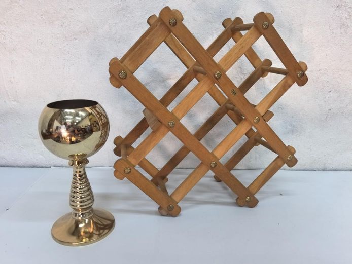 Wooden Folding Wine Rack & Gold Tone Metal Chalice