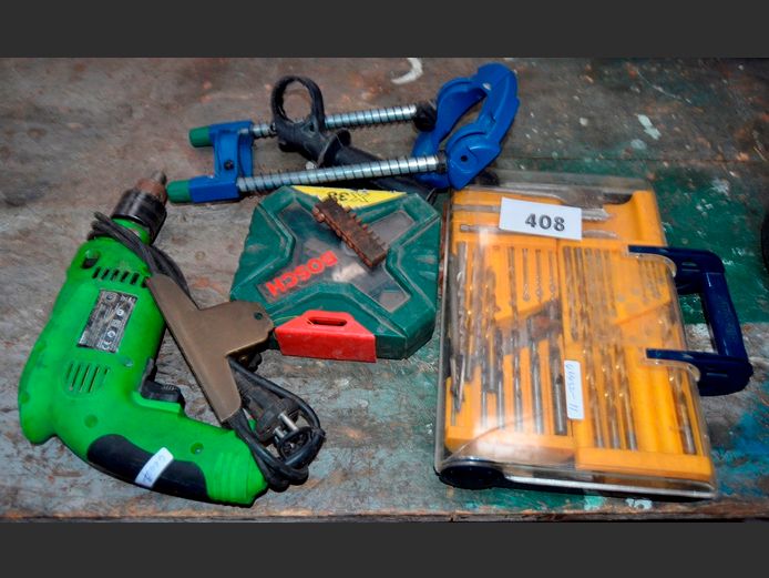 DRILL [Switches on], DRILL BITS, CLAMP, etc