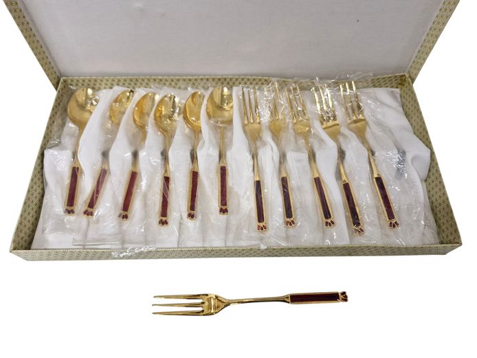 Vintage 24-Karat Gold-Plated Cake Fork & Teaspoon Set (12-Piece)
