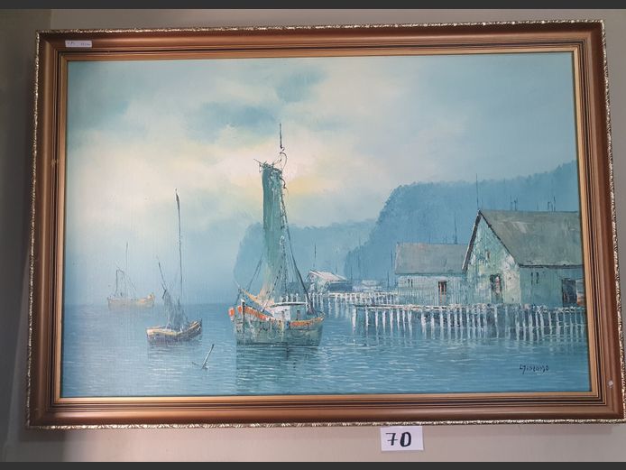 GILT FRAMED OIL ON BOARD "FISHING BOATS", 88 x 58cm