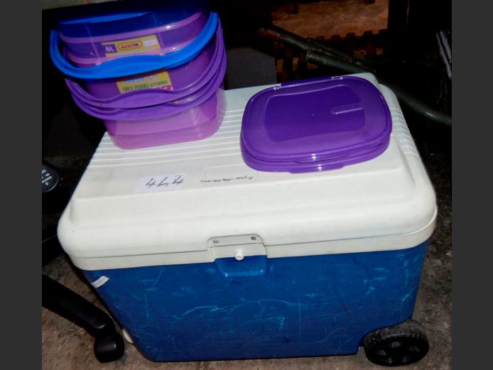 BLUE COOLER BOX, 55 x 35 x 42cm [Handle needed], & STORAGE CONTAINERS