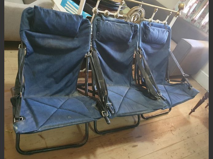 SET OF 3 BLUE DENIM & METAL FOLDING CHAIRS