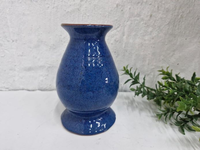 Vintage Studio Pottery Vase - Speckled Cobalt Blue Glaze with Terracotta Rim & Base