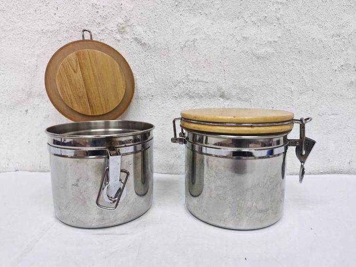 Pair of Stainless Steel Storage Canisters with Wooden Lids