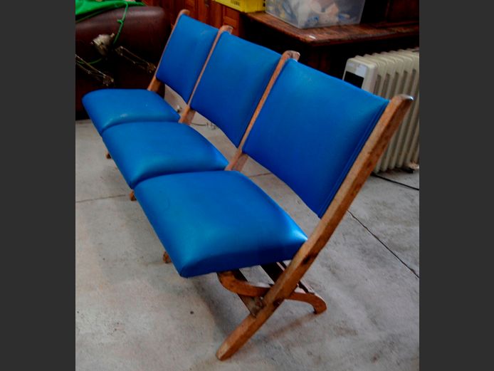 TEAK & BLUE LEATHER TOUCH 3-SEATER FOLDING BENCH, 155cm Long