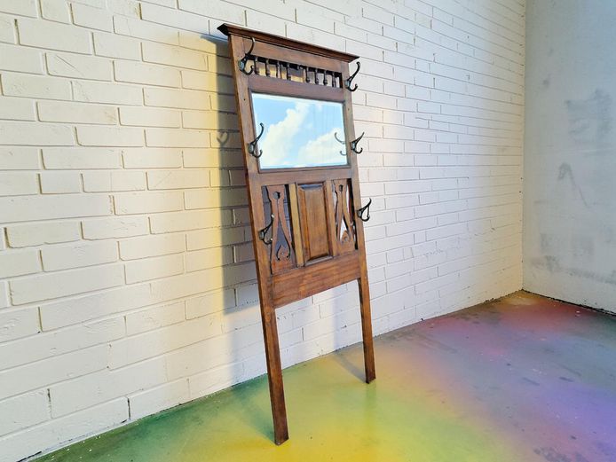 Antique Edwardian Style Walnut Hall Wall-Leaning Stand with Beveled Mirror