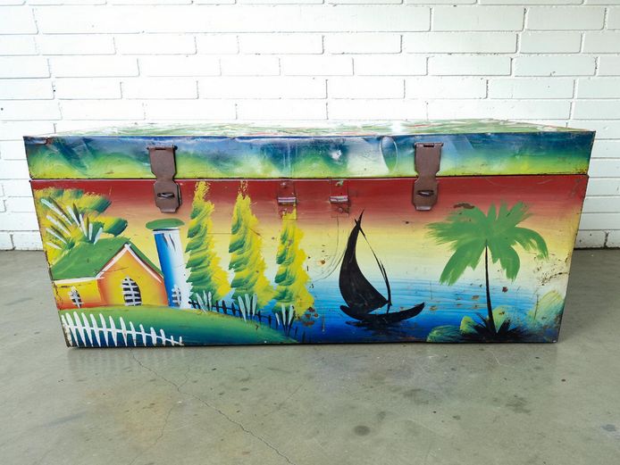 Hand-Painted Tropical Metal Storage Trunk