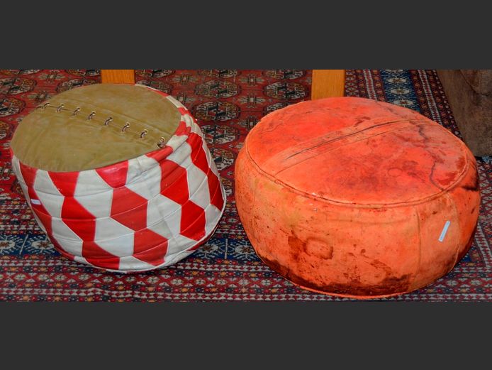 LOT OF 2: VINTAGE LEATHER OTTOMANS