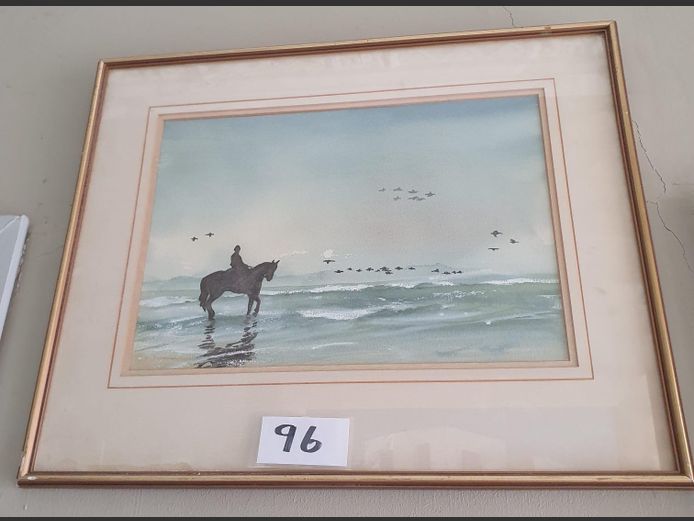 Gilt Framed Watercolour "Horse Riding on The Beach"