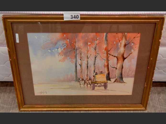 GILT FRAMED & SIGNED WATERCOLOUR "DONKEY CART", 52 x 37cm