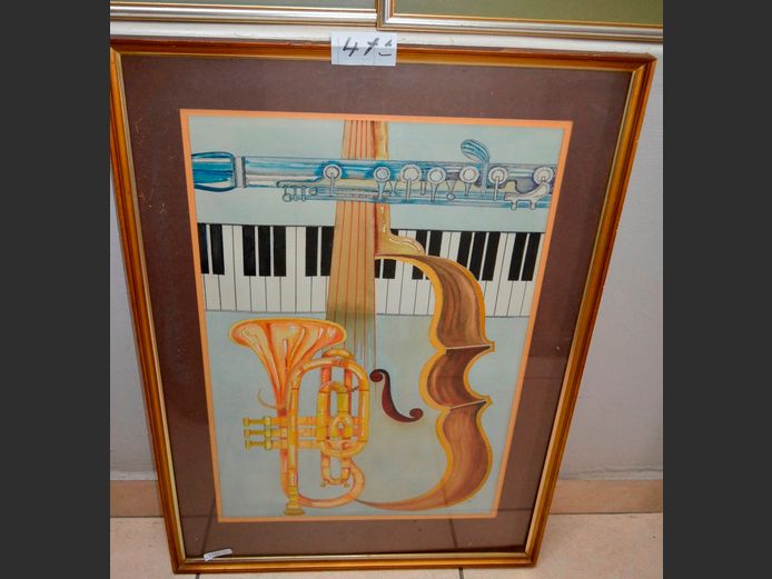 GILT FRAMED WATERCOLOUR "MUSICAL INSTRUMENTS", 66 x 43cm