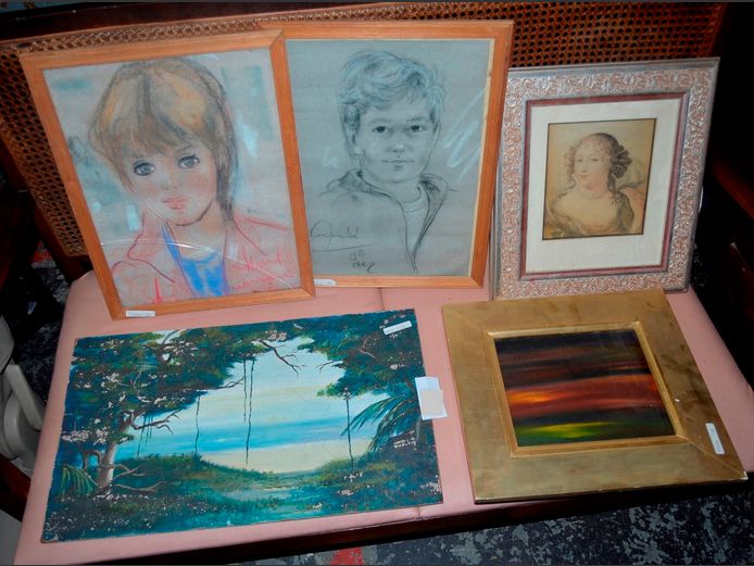 GILT FRAMED ABSTRACT, GILT FRAMED PORTRAIT, etc