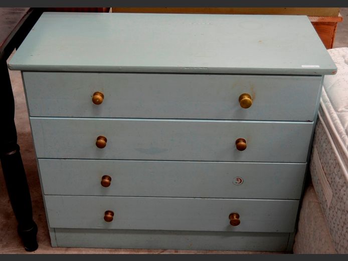 BLUE PAINTED 4-DRAWER CHEST OF DRAWERS, 87 x 41 x 69cm [1 knob needed]