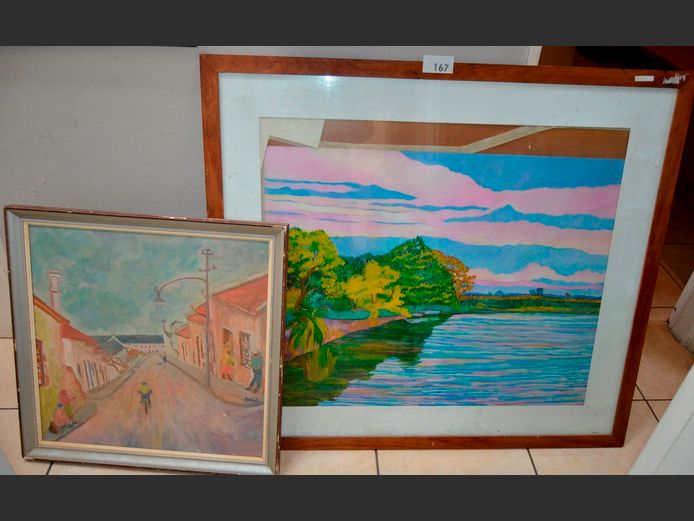 FRAMED WATERCOLOUR "RIVER SCENE" & ANOTHER, 88 x 76cm & 59 x 59cm