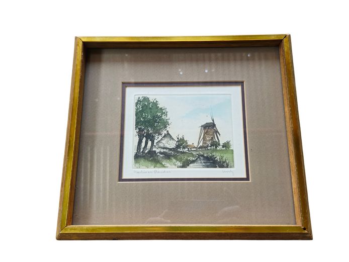 Mid-Century Aquatint Etching Moulin en Flandres by Roger Hebbelinck (Signed "Linck")