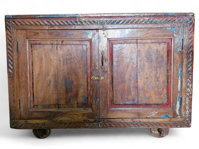 19th Century Indian Damachiya Dowry Cabinet on Wooden Wheels