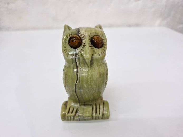 Vintage Verdite Stone Miniature Owl Figurine - Detailed Glass Eye Inlays