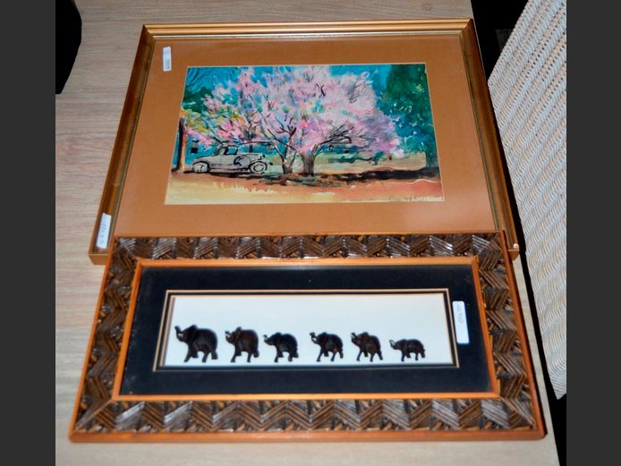 GILT FRAMED WATERCOLOUR "LANDSCAPE" & A BOX FRAMED CARVED FAMILY OF ELEPHANTS