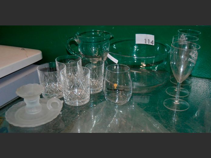 GLASS: BOWL, FOOTED GRAVY BOAT, FROSTED CANDLE HOLDER, SET OF 4 CRYSTAL TUMBLERS, etc