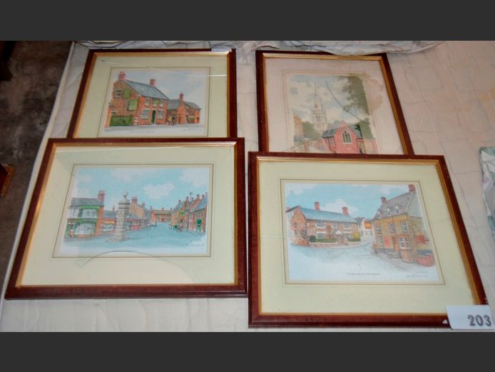SET OF 4 FRAMED VINTAGE PRINTS "ENGLISH STREET SCENES", PENCIL SIGNED JOHN BLACKWELL, 21 x 18.5cm, 25 x 17cm, 26 x 18cm & 24.5 x 18.5cm [Glass cracked to all]