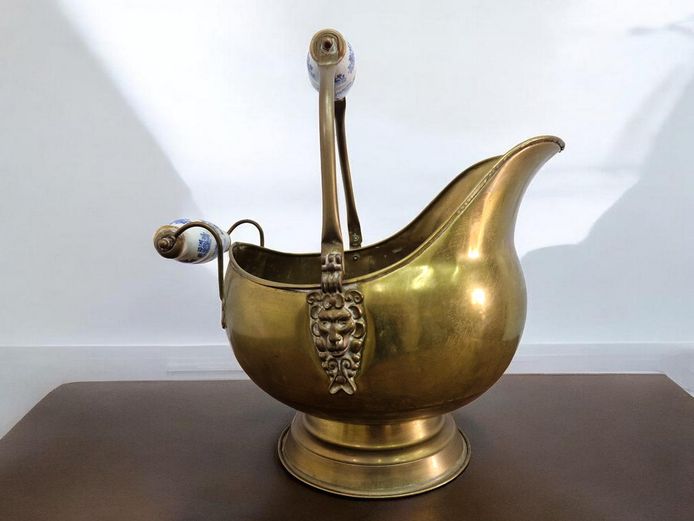 Brass Coal Scuttle with Ceramic Handle Details