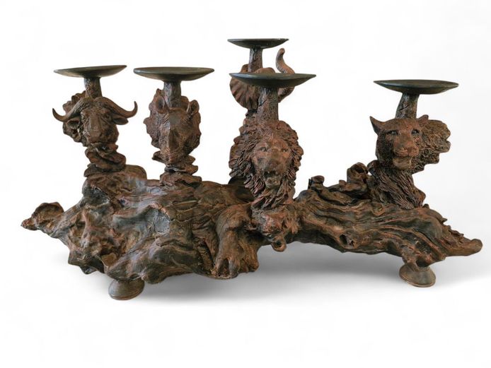 Vintage Finely Carved Driftwood Big Five Candle Stand